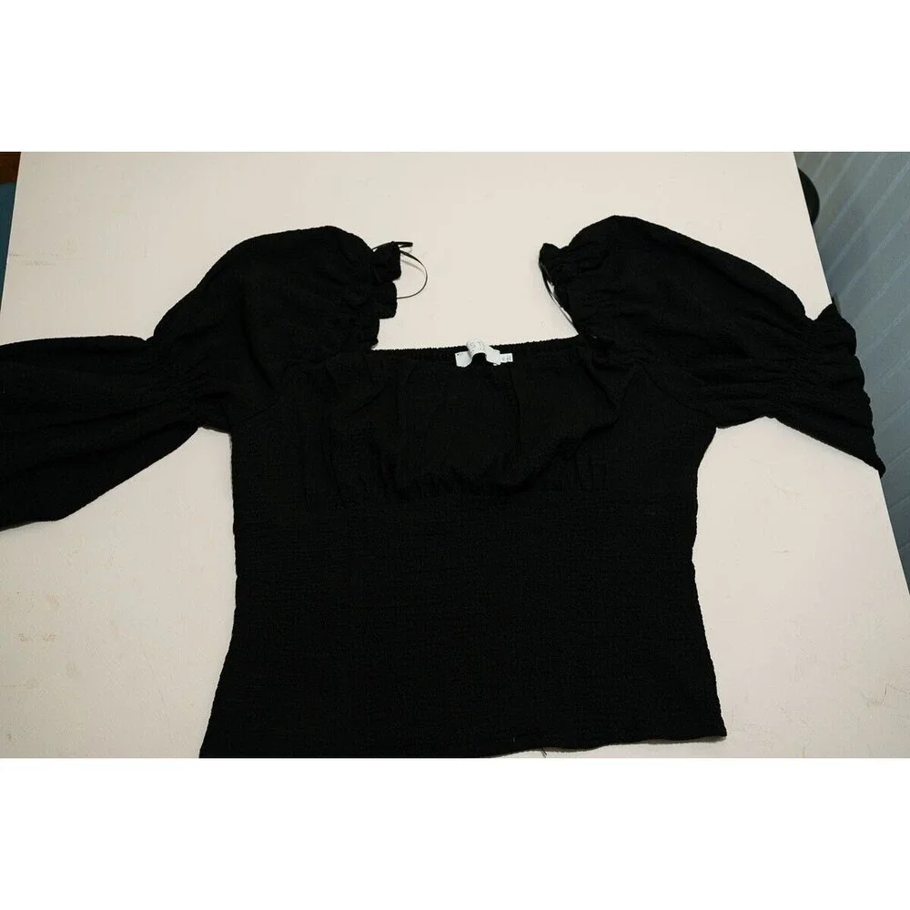 ASTR the label top Ruched Textured Puff‎ Sleeve Square Neck babydoll cropped
